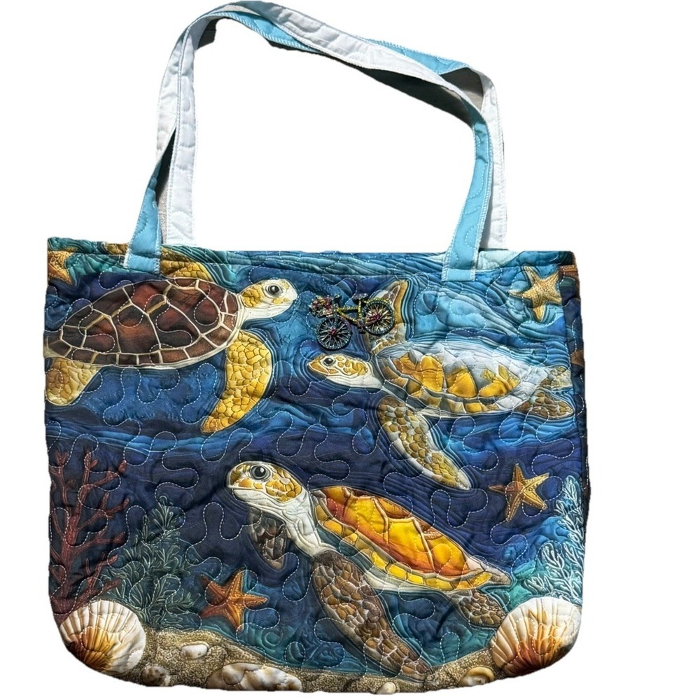 Quilted Sea Turtle Beach Tote Bag Rhinestone Bicycle Ocean Shells
